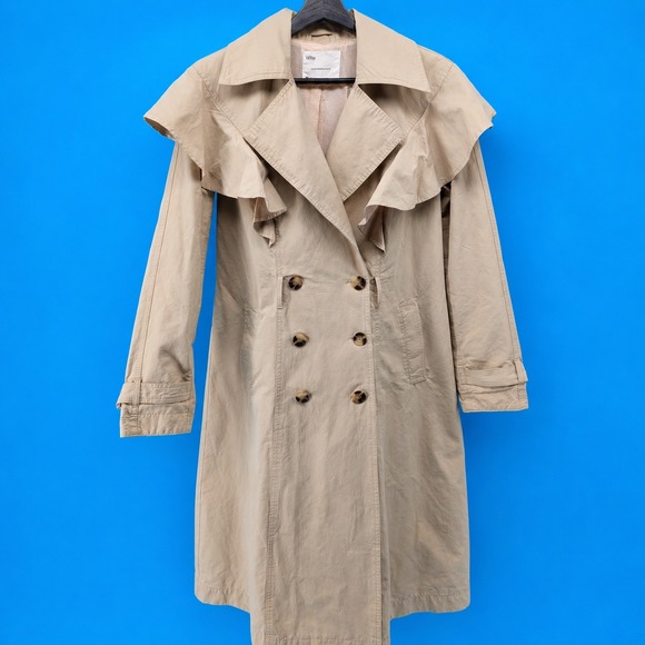 Anthropologie Jackets & Blazers - Anthropologie Women's Beige Ruffle Trench Coat Double Breasted Long Jacket XS